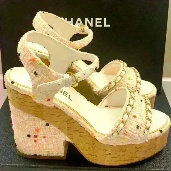 CHANEL Shoes - Chanel Tweed Wedge Sandals